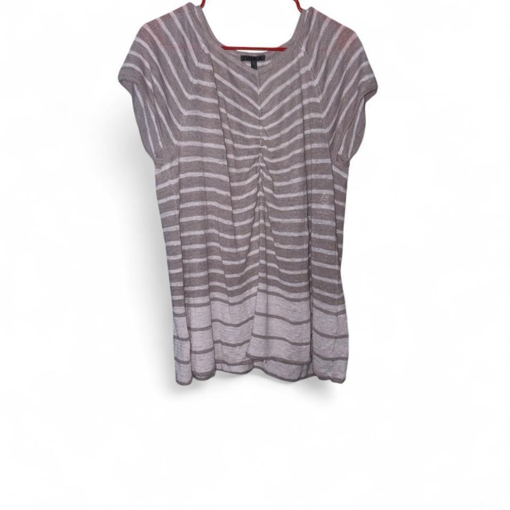 Oska Brown White Textured Linen Striped Euro Scoop Neck Cinched Cap Sleeve Top